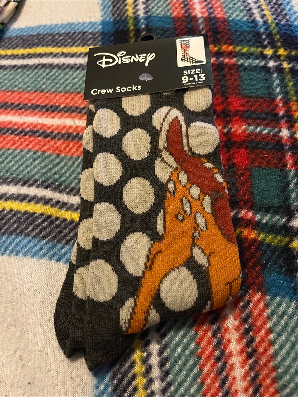 Disney Men's Crew Socks - Gray, Cream Polka Dots with Orange Bambi Accent